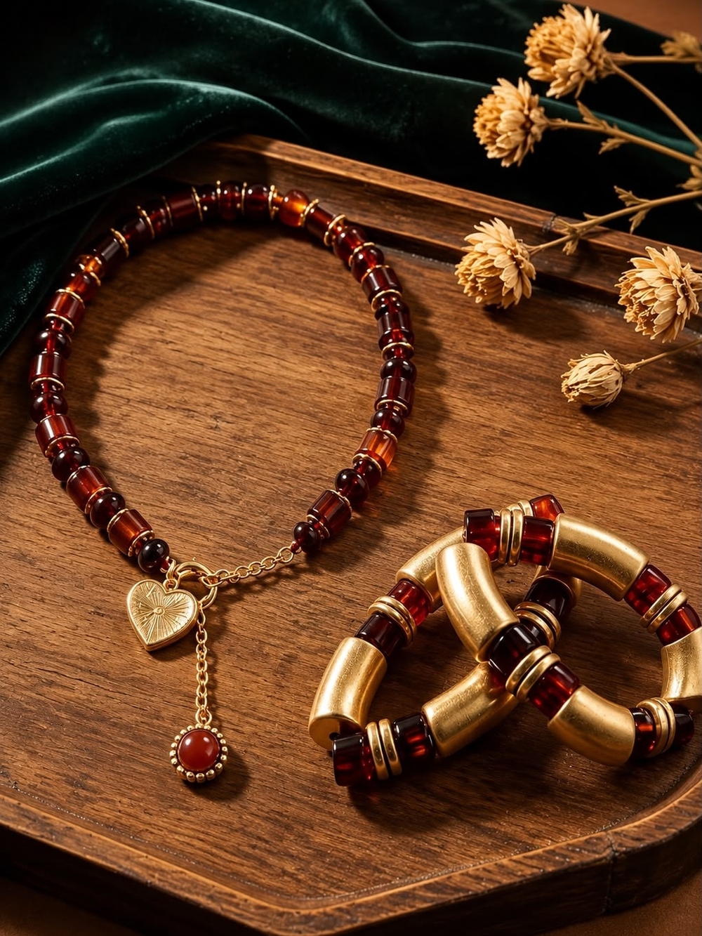 Gold Heart Charm Red Bead Necklace by - Picture 6 of 8